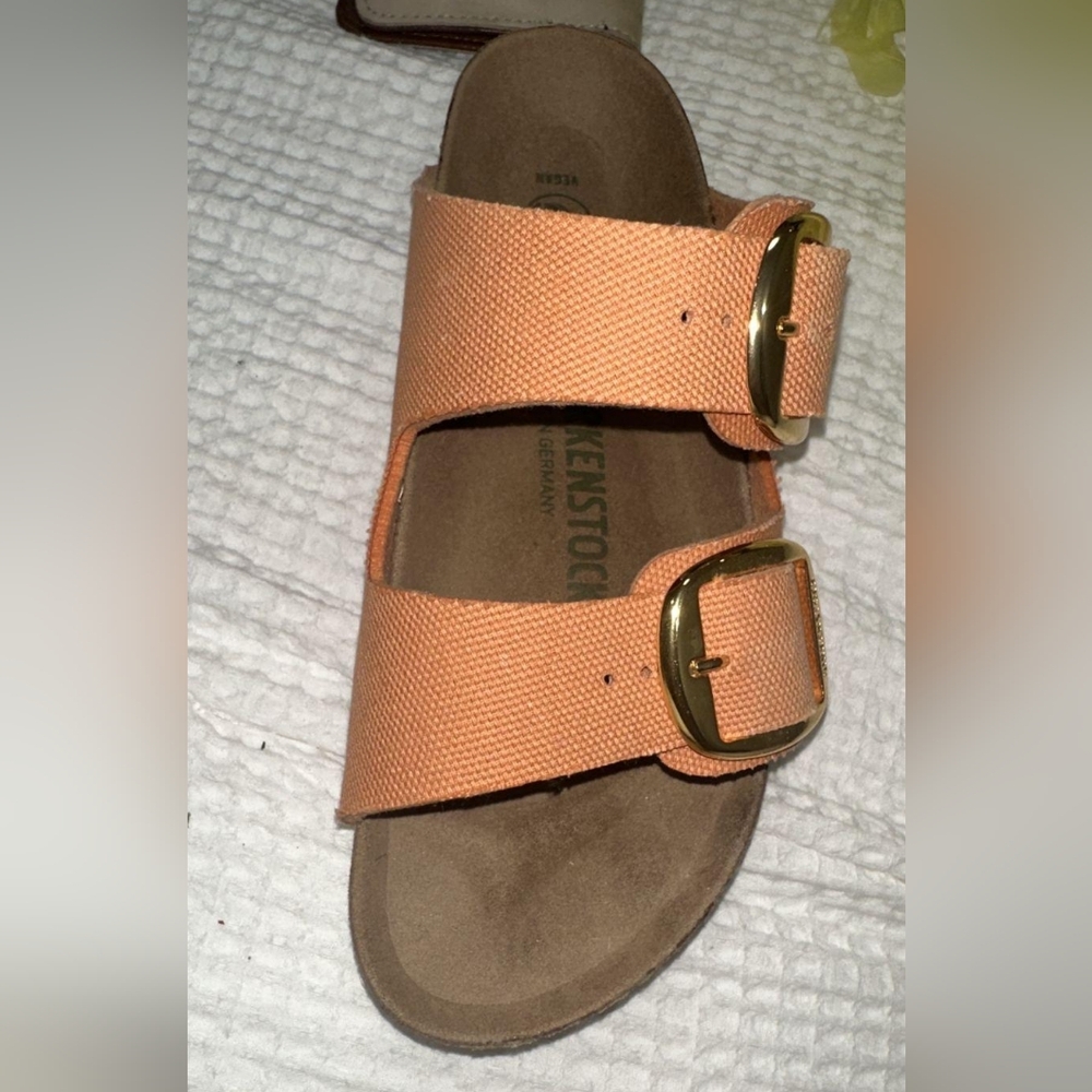 Birkenstock Women's Orange Peach Sandals with Gold Buckles
